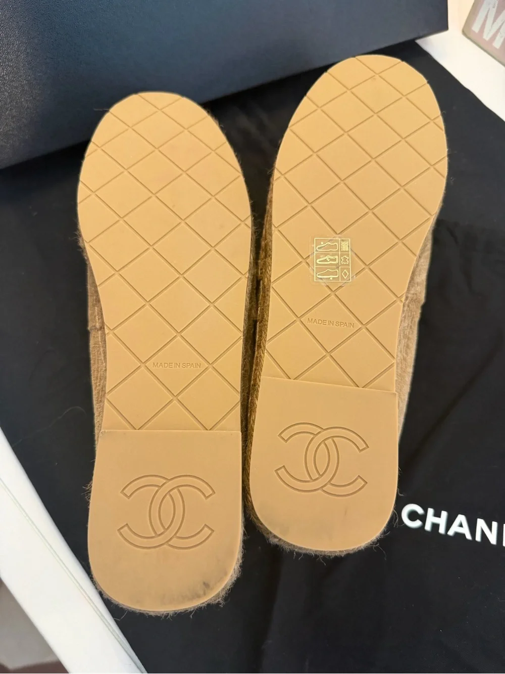 CHANEL Tan Espadrille Flats with Black Cap Toe and CC Logo (never worn)